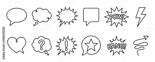 This diverse collection of black outline speech bubbles and comic elements features various shapes including hearts, stars, lightning, and text like 'POW!' and 'BANG!', in a playful doodle style