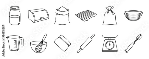 Collection of essential baking tools and ingredients, including a measuring jug, rolling pin, whisk, scales, and flour sacks, rendered in a clean, minimalist line art style