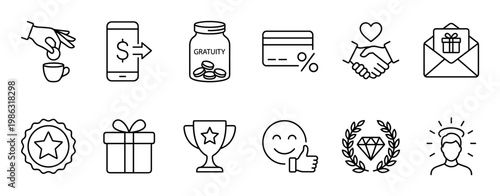 Set of thin line icons representing gratuity, rewards, and customer appreciation concepts, including tipping, bonus gifts, loyalty awards, and positive feedback symbols for service