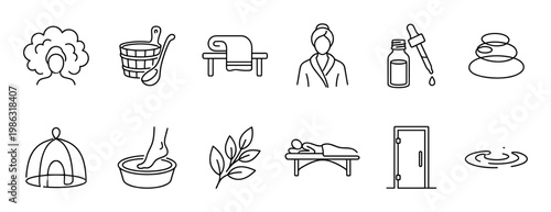 Comprehensive collection of black outline spa and wellness icons, depicting various elements like massage, sauna, aromatherapy, and relaxation, presented in a clean, minimalist style