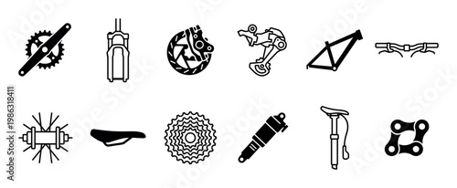 This collection of bicycle component line art icons features essential parts including cranksets, forks, brakes, derailleurs, frames, handlebars, hubs, saddles, cassettes, shocks, and chains