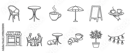 Collection of minimalist black outline cafe icons depicting outdoor dining elements, including chairs, tables, coffee, umbrellas, a storefront, and people enjoying a meal, modern style