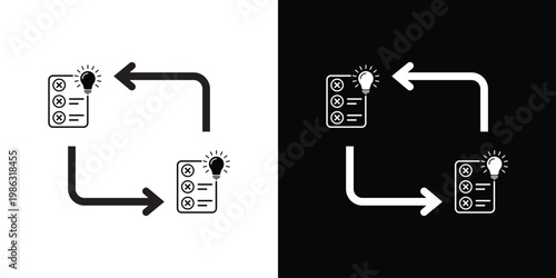 Clipboard checklist icons paired with lightbulbs and directional arrows. Illustrates a workflow for creative planning, idea implementation, task management, and project strategy development.