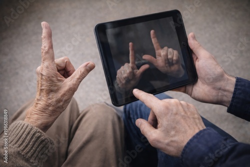 Teaching Sign Language Using Digital Tablet. Person demonstrating sign language gestures on tablet screen to senior for communication and learning support.
