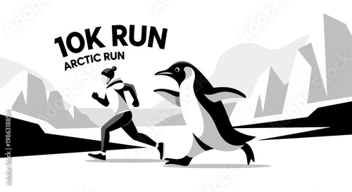 Arctic Fun Run: A Lively Illustration of Person and Penguin Enjoying a 10K Adventure