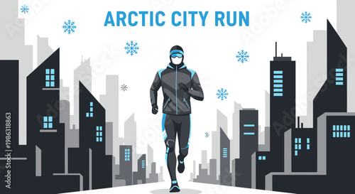 Arctic Urban Run: Winter Marathon Athlete Sprinting Through A Bleak Metropolis Scene