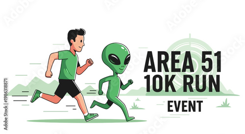 Area 51 10K Run Event: A Humorous Illustration Featuring Human and Extraterrestrial Runner