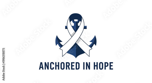 Anchored Hope Concept Depicted With Anchor and Ribbon Symbol in Blue and White Colors