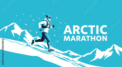 Arctic Marathon Runner Descending Snowy Mountainous Terrain Vibrant Illustration