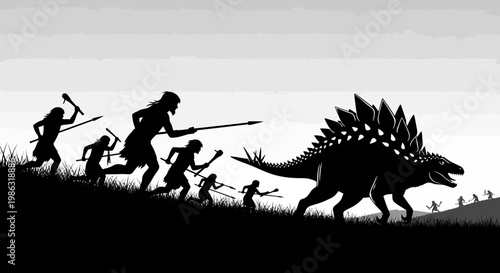 Ancient Hunters Pursue Dinosaur Silhouette