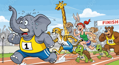 Animated Animal Athletes Race to the Finish Line at a Lively Sporting Event