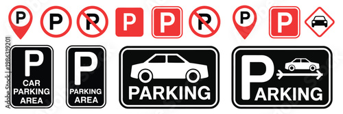 Car parking icon set car parking area and no parking signs, vehicle parking zone indicator and restriction symbols, traffic regulation and urban transport management