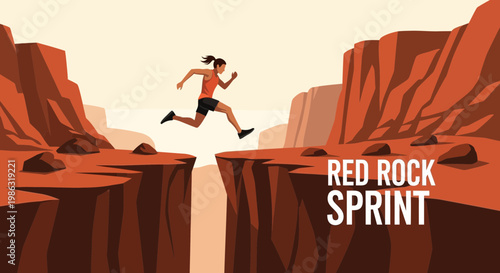 Athlete Leaping Across Canyon During Red Rock Sprint Competition Illustration