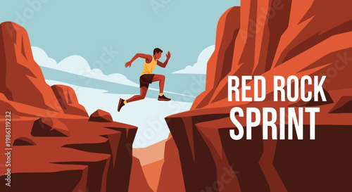 Athlete Leaping Across Red Rock Canyon in Pursuit of Sports Victory