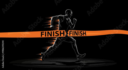 Athlete Breaking Finish Line Tape, Reaching Goal, Silhouette of a Runner, Triumph