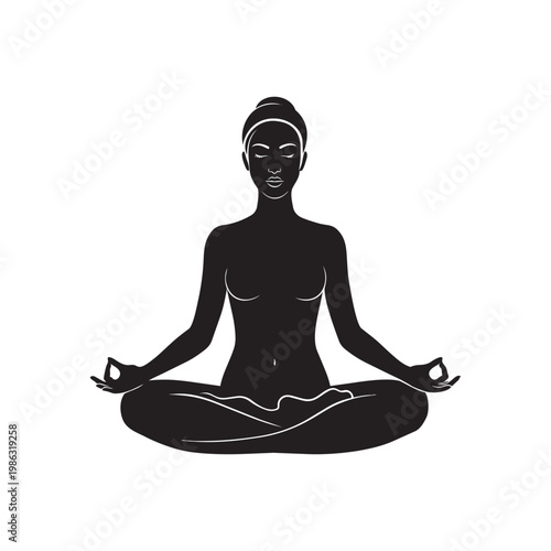 Woman silhouette practicing yoga in lotus pose for meditation and mindfulness.