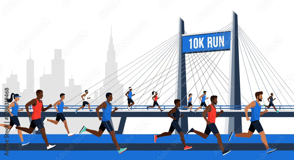Obraz premium Athletes Engaging In The 10K Run Competition on A Stylish Bridge Vector Illustration