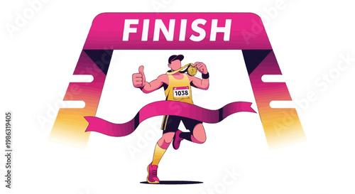 Athlete Celebrates Marathon Victory Breaking the Finish Line in a Colorful Illustration