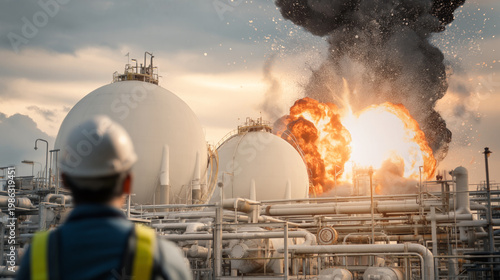 Industrial safety worker monitors explosion at chemical facility during sunset