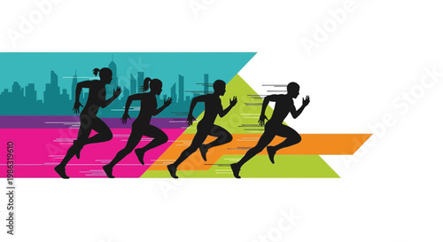 Athletes Running in Silhouettes Against a Urban Background with Colorful Geometric Shapes