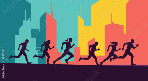 Athletes Sprinting In Cityscape, Athleticism, Competition, Urban Sport, And Vibrant Artwork