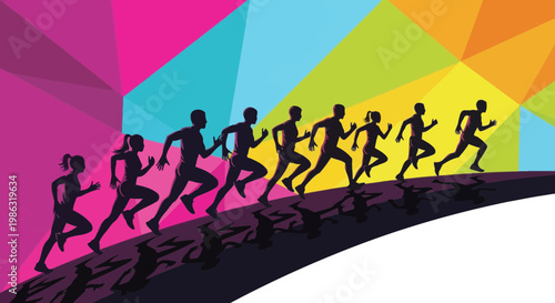 Athletes Sprinting Silhouettes on Colorful Background Celebrating Effort and Energetic Motion