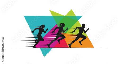 Athletes Sprinting Silhouettes Against Abstract Colorful Geometric Shapes For Sports Design