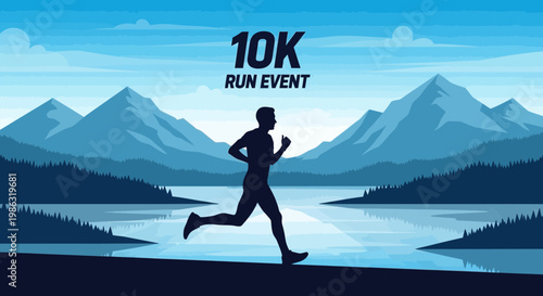 Athlete Silhouette Running Through Scenic Landscape for a 10K Run Event