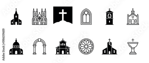 Diverse collection of Christian religious icons and architectural symbols, featuring churches, crosses, windows, and a chalice, presented in a clean, modern black and white graphic style