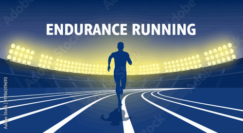 Athlete Sprinting at Night Under Stadium Lights, Endurance Running Competition