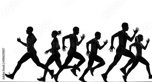 Athletic Contestants Silhouette: Dynamic Runners In Competition, Speed And Strength Expressed