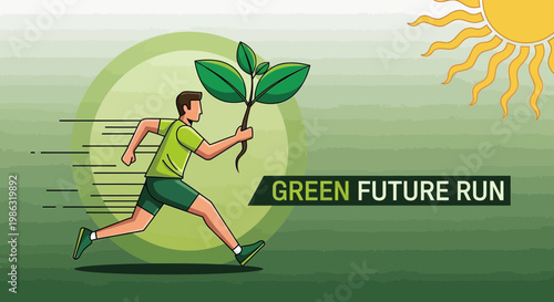 Athletic Figure Pursues Green Future Holding Sapling Illustration