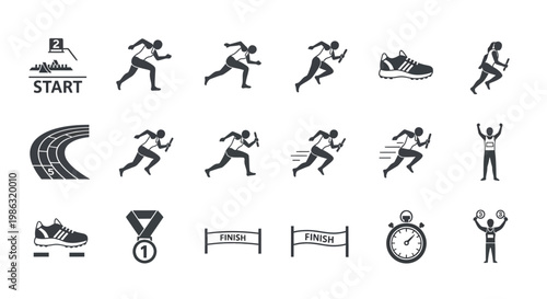 Athletic Icons Displaying Sprint Races, Marathon Elements, And Sporting Competition Designs