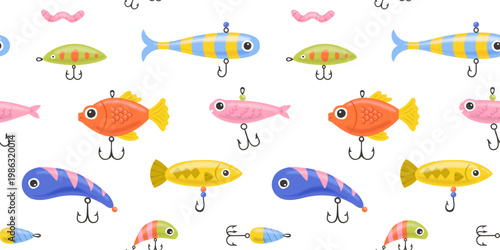 Colorful fish lure seamless pattern. Summer background design. Vacation travel concept. Fishing activity bait cartoon backdrop illustration.