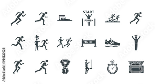 Athletic Icons Depicting Runners, Racing, Victory, And Sports-Related Elements In A Series Of