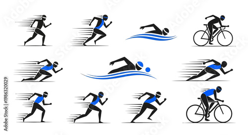 Athletic Icons Illustrating Triathlon Sports Including Swimming, Running and Cycling Competition
