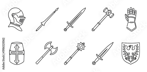 Collection of medieval weapon and armor icons, including helmets, swords, axes, maces, and shields, rendered as simple black outline illustrations with a clean, graphic style
