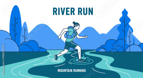 Athletic Individual Running Across River Amidst Mountain Scenery and Blue Tones Design