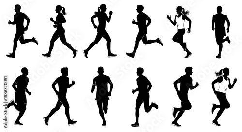 Athletic Individuals Silhouetted In Dynamic Running Poses Depicting Action and Movement