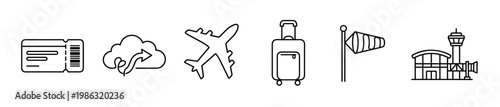 Six black outline travel related icons are neatly arranged in a horizontal row, depicting essential elements of air transportation and airport operations with a clean, modern, minimalist style