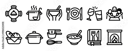 Various cooking and dining icons are neatly arranged in a grid, featuring essential kitchen tools, meal preparation, and cozy home elements in a clean outline style