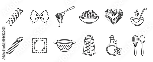 Collection of hand-drawn pasta and cooking icons featuring various noodle shapes, kitchen utensils, and ingredients in a simple, clean outline style