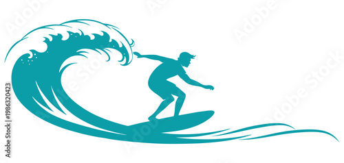 Vector silhouette illustration of a person surfing on a beach with big waves