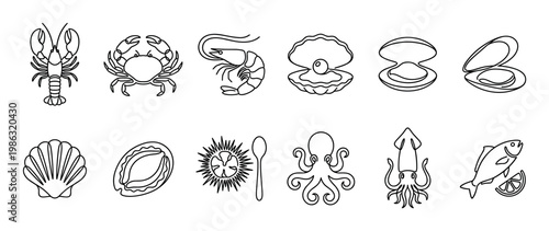 Various black outline seafood icons are neatly arranged, showcasing a diverse collection of marine life in a clean, minimalist vector art style