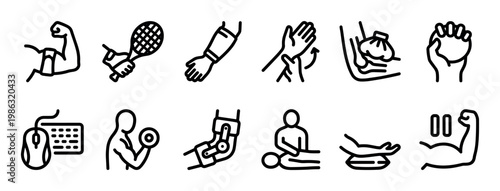 Collection of black line art icons depicting arm and hand health, showing various injuries, therapies, exercises, and common conditions like tennis elbow and carpal tunnel syndrome