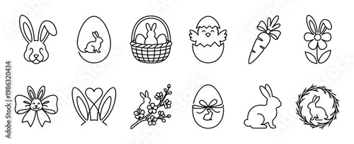 Twelve black outline Easter themed illustrations showcase various charming bunnies, decorative eggs, a hatching chick, and a festive carrot in a delightful doodle style