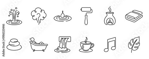 Collection of black outline wellness icons depicting various elements of relaxation, spa treatments, and comfort, presented in a clean, minimalist line art style