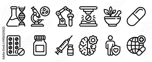 Collection of black outline medical and scientific icons depicts various aspects of research, healthcare, biotechnology, and pharmaceutical development in a clean, modern, and illustrative style