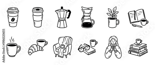 Collection of hand-drawn coffee and comfort icons, featuring various brewing methods, cozy elements, and reading essentials in a charming doodle style