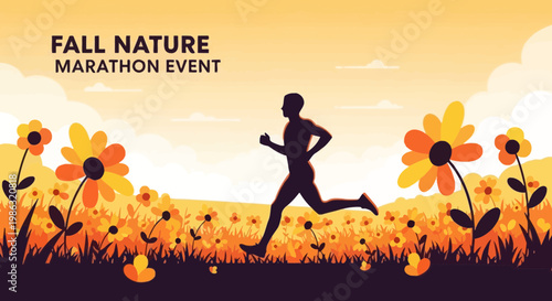 Autumn Meadow Marathon Runner Silhouette Vibrant Flower Field Scenic Backdrop